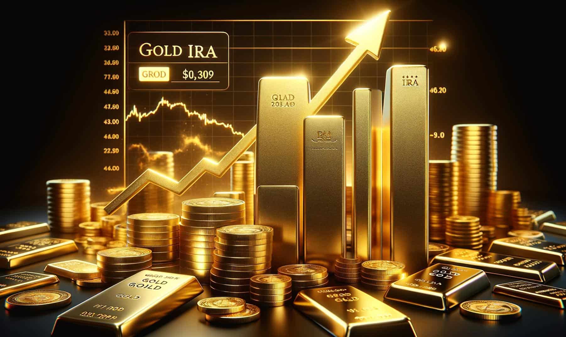 A rectangular image of a gold IRA investing chart showing the price of gold rocketing to all-time highs, surrounded by gold bars. This visual representation captures the essence of a prosperous gold investment scenario.
