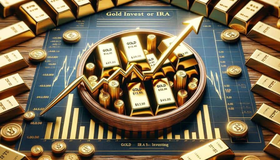 a gold IRA investing chart as requested. The chart shows an aggressive move higher in the price of gold, surrounded by gold bars to emphasize the theme of gold investment.