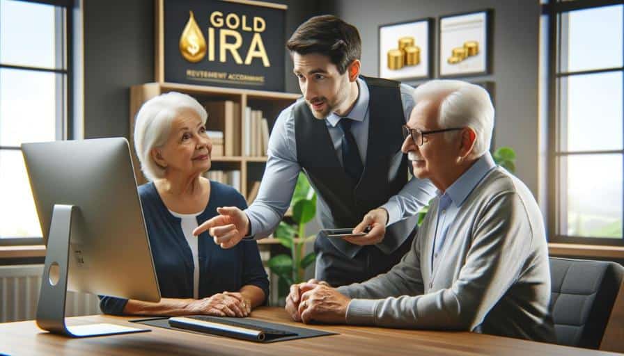 An image of a gold ira customer service rep working with an older couple to help set up a new account