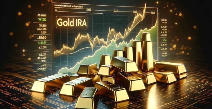 An image showcasing a gold IRA investing chart with the price of gold making an aggressive move higher, surrounded by gold bars.
