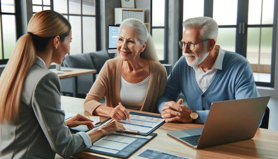 A retirement-age couple working with a customer service representative to set up a new gold IRA account in a professional setting.