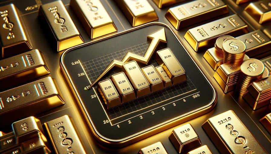 A rectangular image showing a gold price chart with an aggressive upward trend, surrounded by gold bars. 
