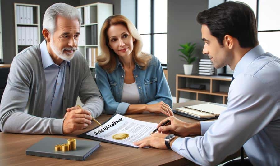 an image depicting a middle-aged couple working with their financial advisor to complete a gold IRA rollover.