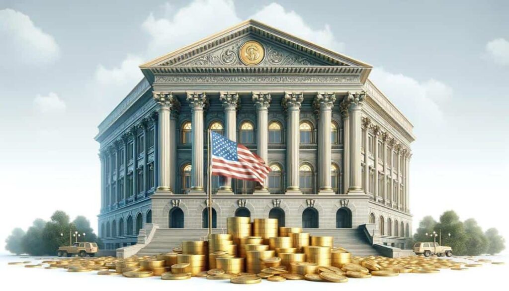 An image depicting a regal-looking bank with a large American flag flying outside, and piles of gold coins on the ground.