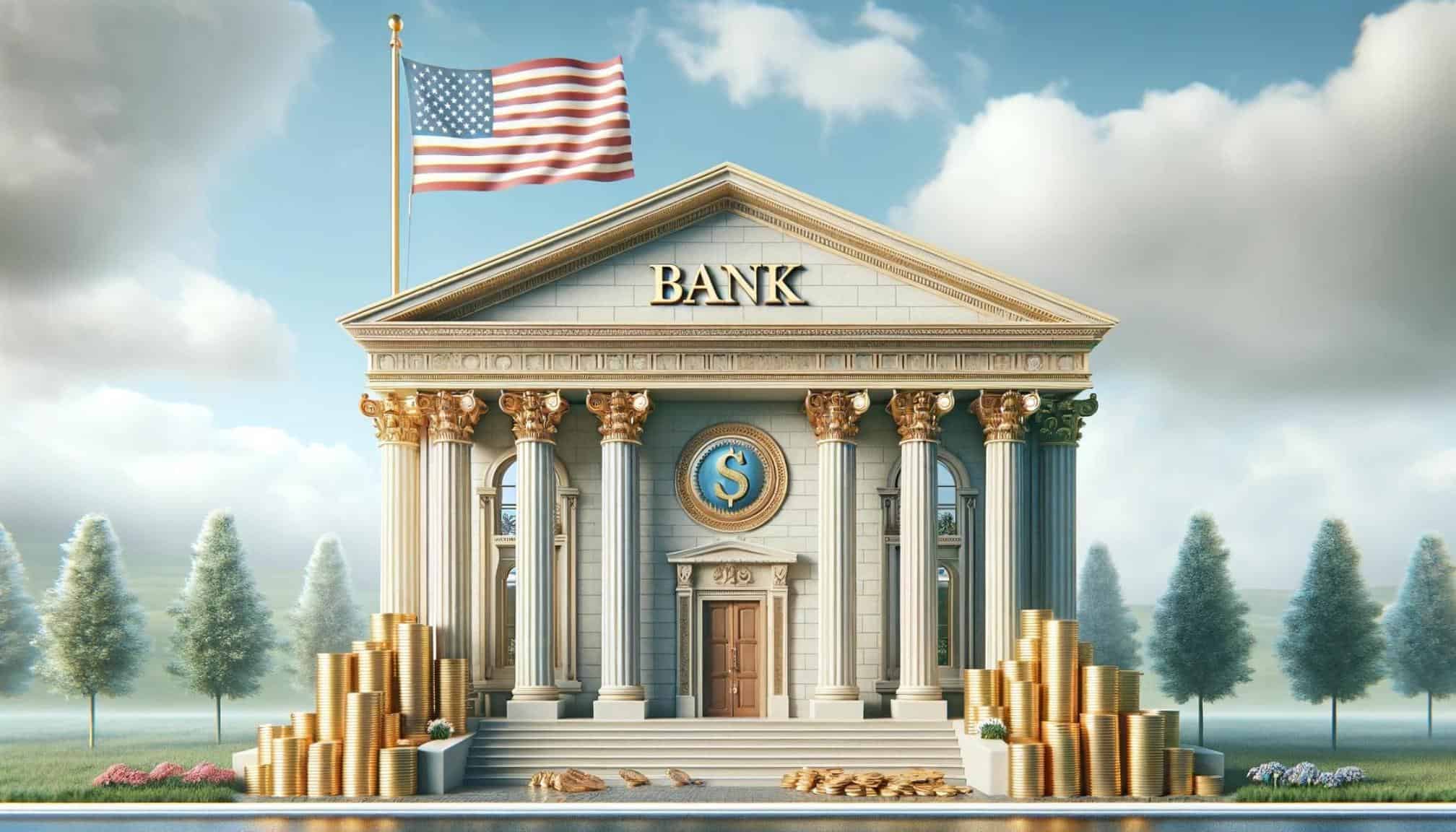 A bank with piles of gold coins piled out front