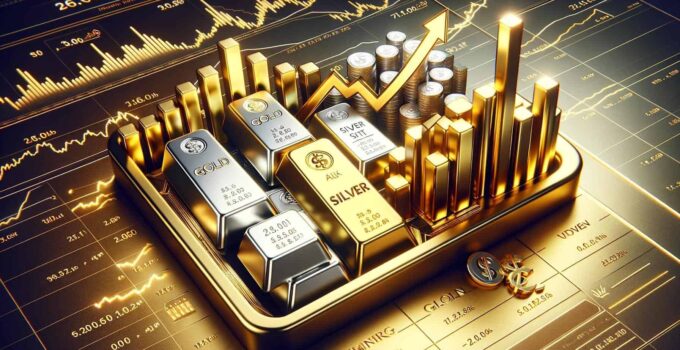 An image of a gold and silver investing chart surrounded by gold and silver bars has been created. It visually represents the price of gold and silver rocketing higher, capturing the essence of lucrative investment in these precious metals.